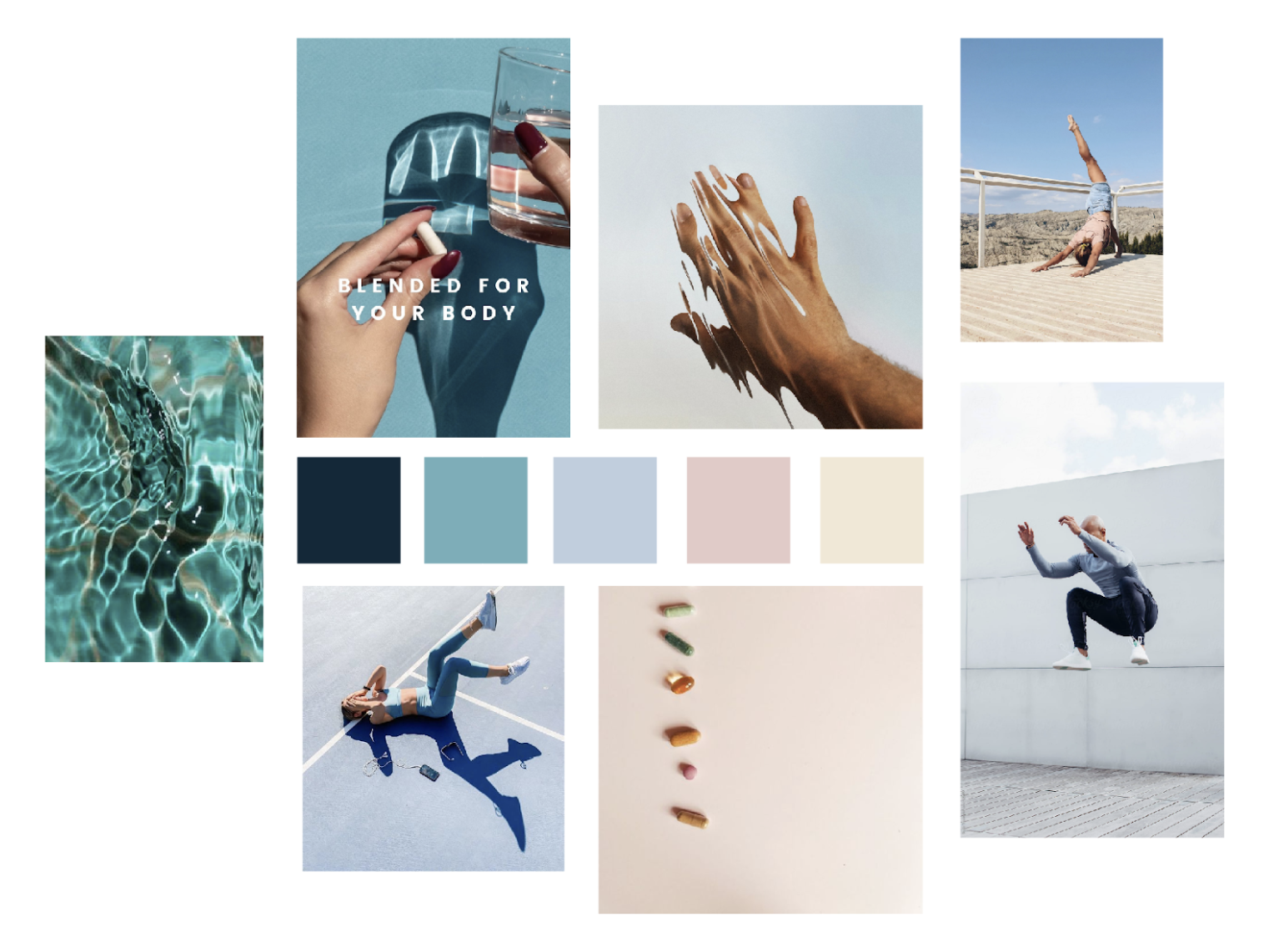 Moodboard featuring athletic photos and photos in various shades of blue and pink/beige.