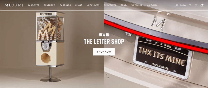 Web Banner for Mejuri's Letter Shop. There is a 3D render of a toy machine full of Letter Pendants on the left with a Pendant falling out of the front. On the right is a closeup of a car licence plate that spells out 